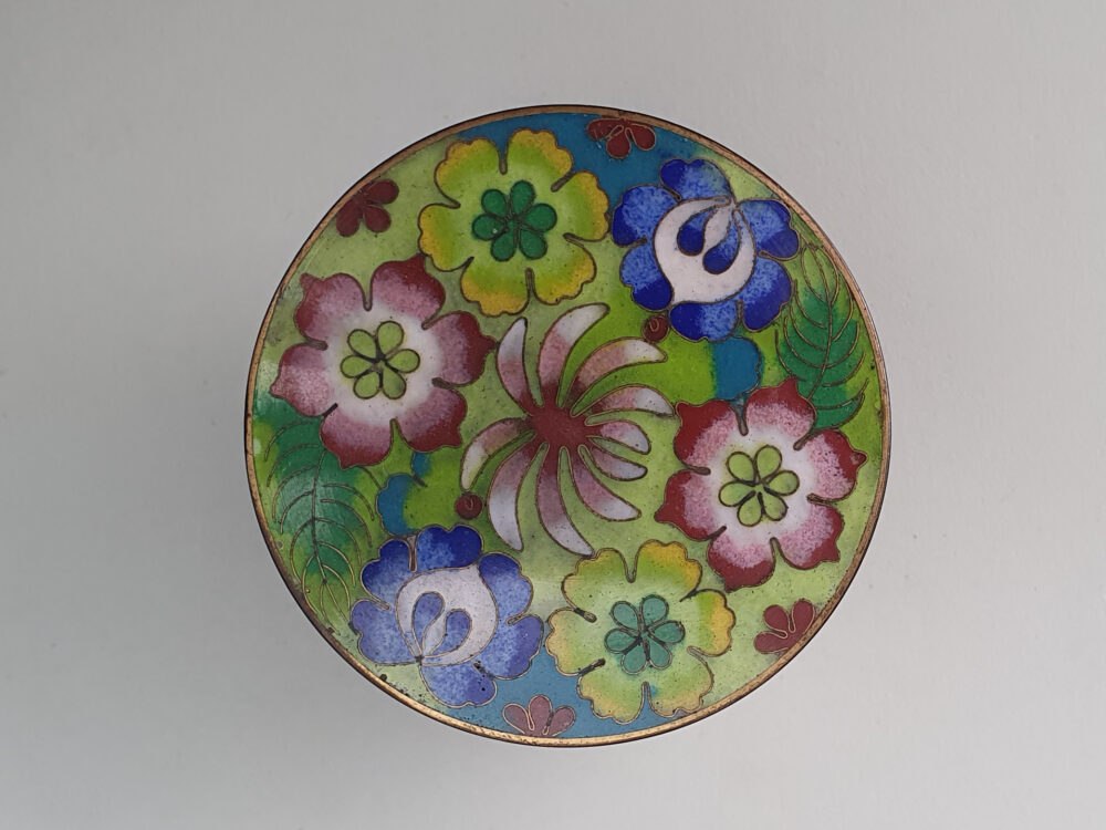 Decorative antique Japanese Cloisonné Tea Jar and Lid with green enamelling and a floral design