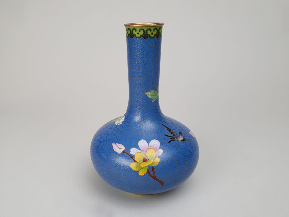 Decorative antique Japanese Cloisonné Vase featuring pink & yellow magnolia blossom