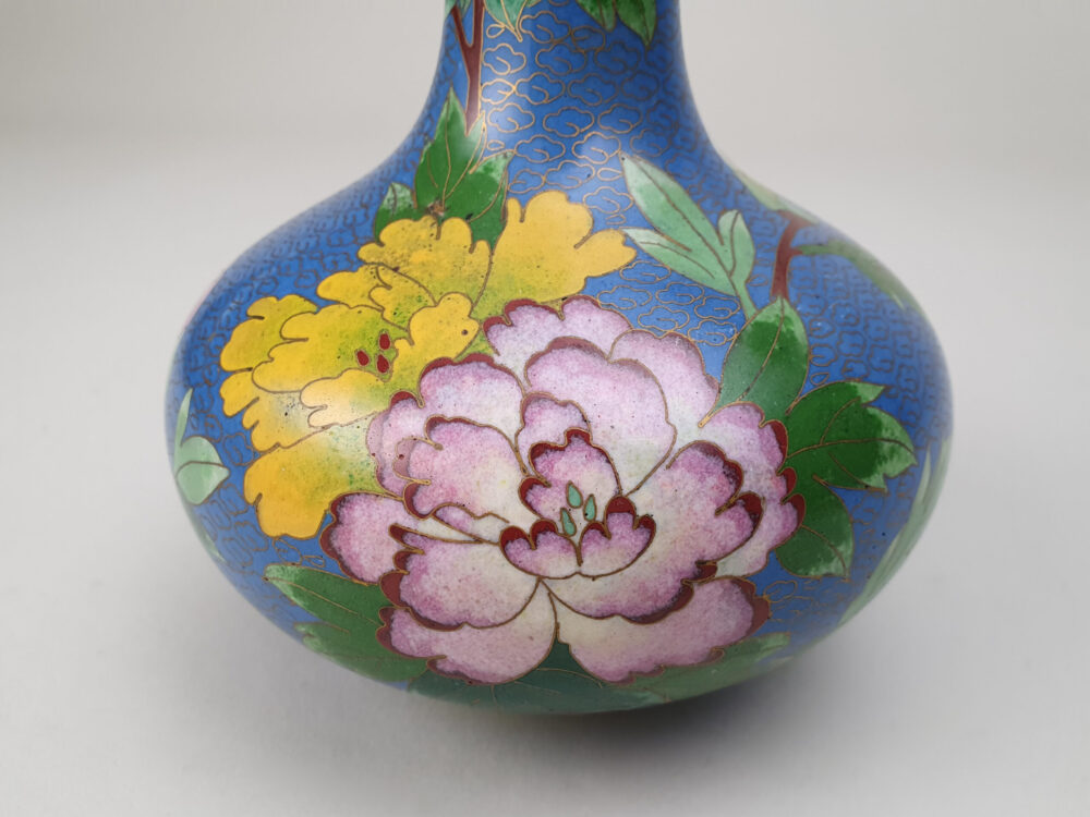 Decorative antique Japanese Cloisonné Vase featuring pink & yellow magnolia blossom