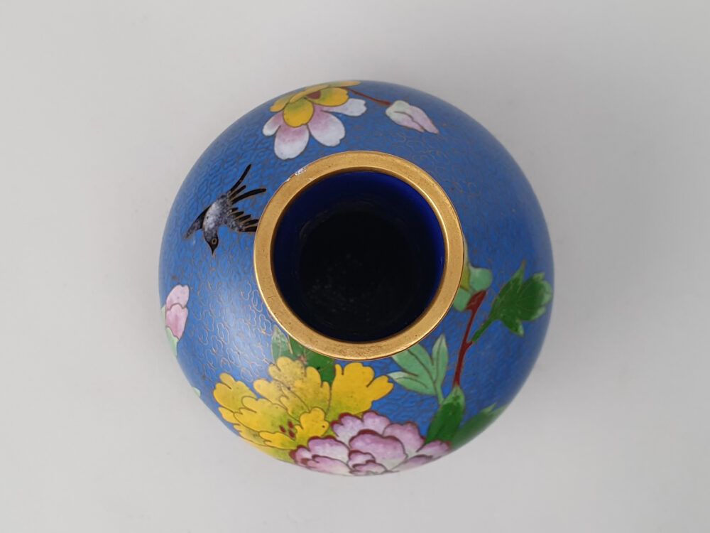Decorative antique Japanese Cloisonné Vase featuring pink & yellow magnolia blossom