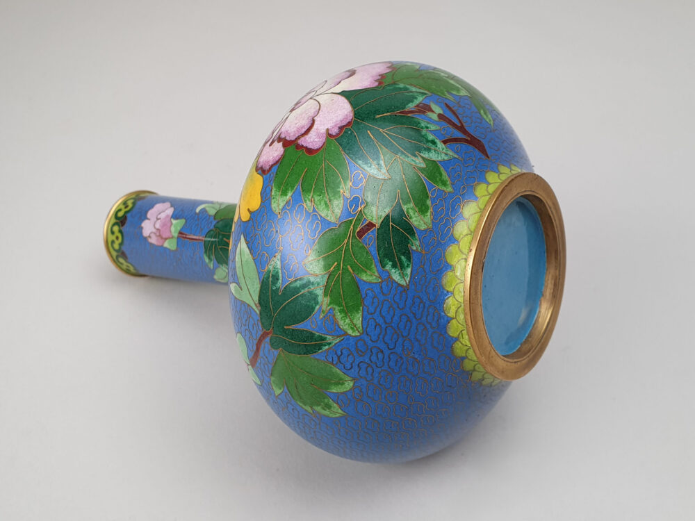 Decorative antique Japanese Cloisonné Vase featuring pink & yellow magnolia blossom