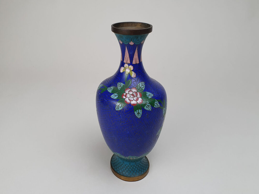 Decorative antique Japanese Cloisonné Vase with royal blue and turquoise enamelling