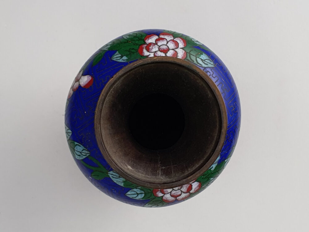 Decorative antique Japanese Cloisonné Vase with royal blue and turquoise enamelling