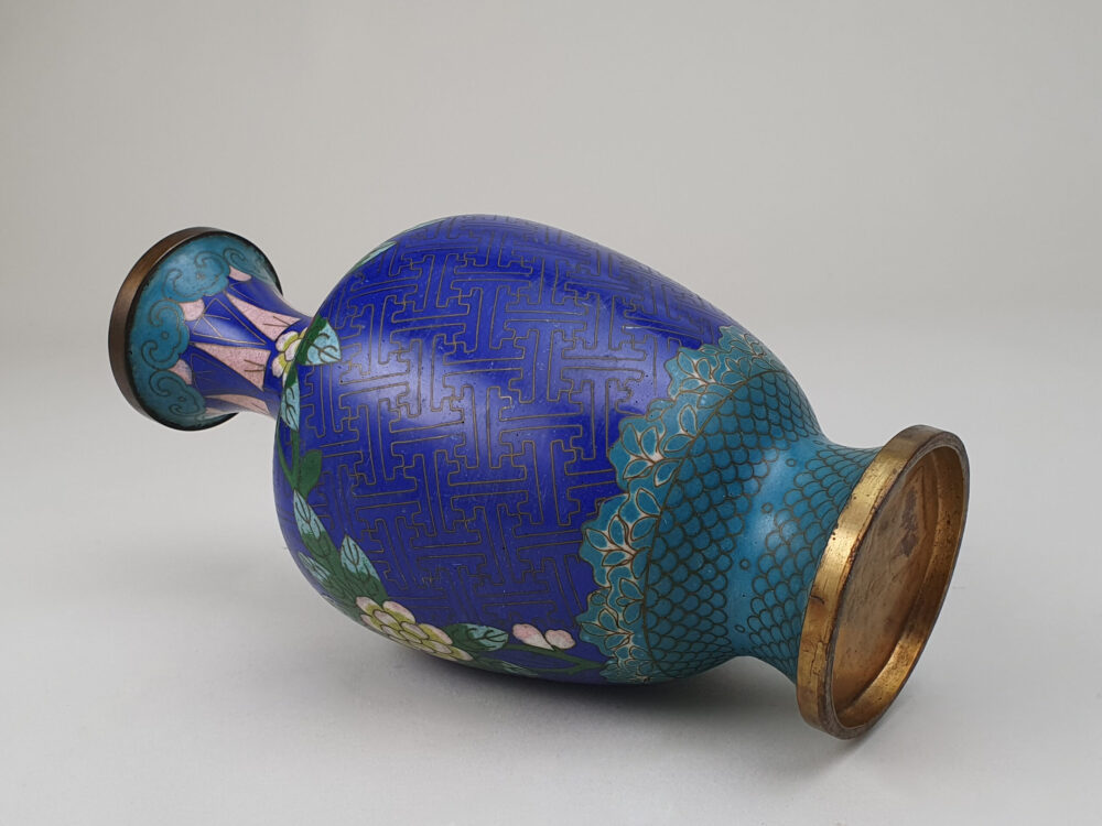 Decorative antique Japanese Cloisonné Vase with royal blue and turquoise enamelling
