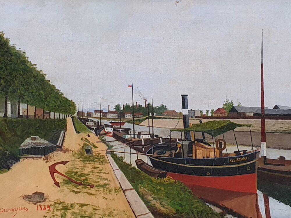 French antique oil painting - naive Canal Landscape