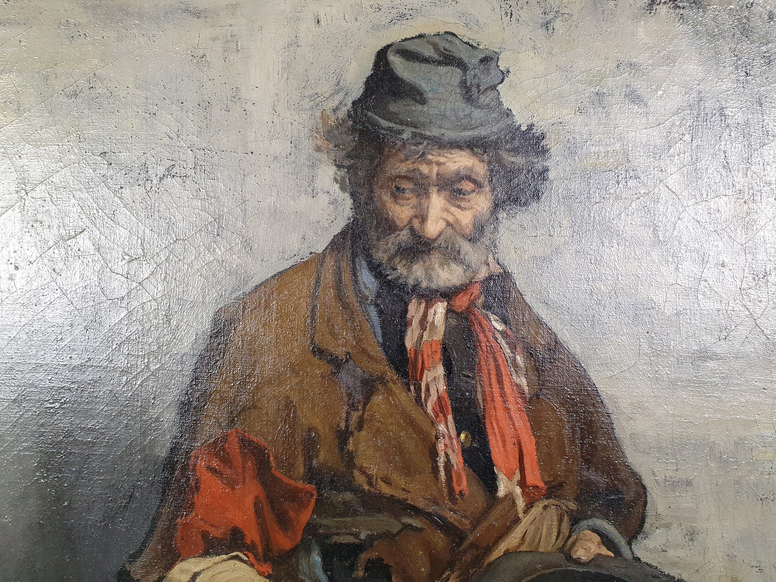 Large 19th century oil on canvas portrait of a tramp