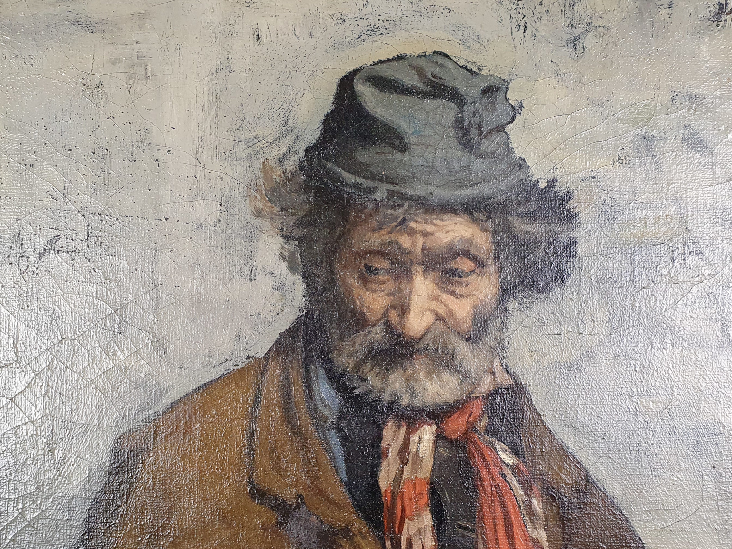 Large 19th century oil on canvas portrait of a tramp