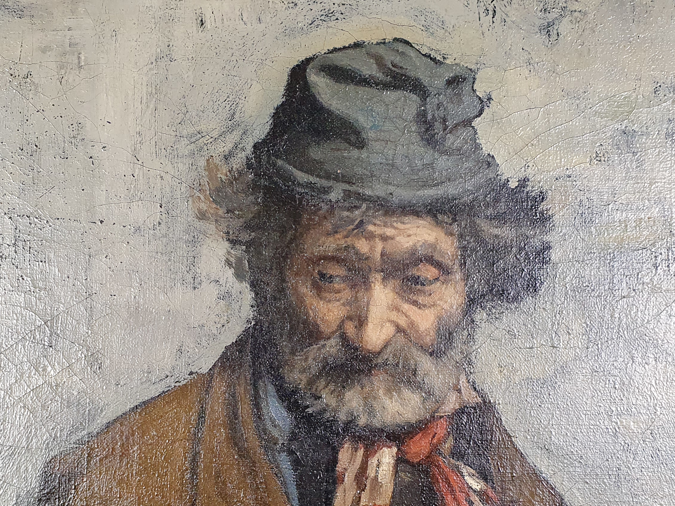 Large 19th century oil on canvas portrait of a tramp