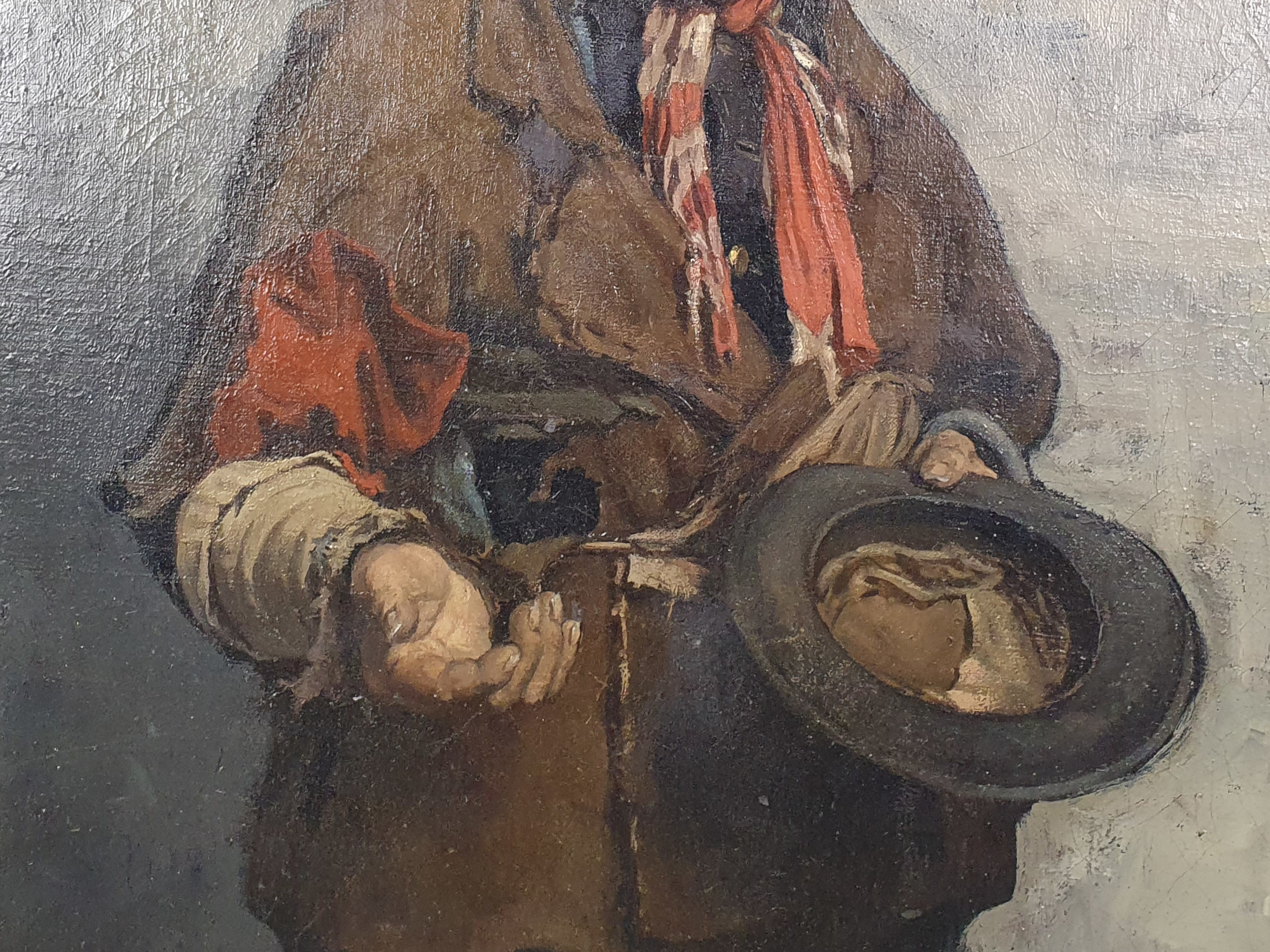 Large 19th century oil on canvas portrait of a tramp