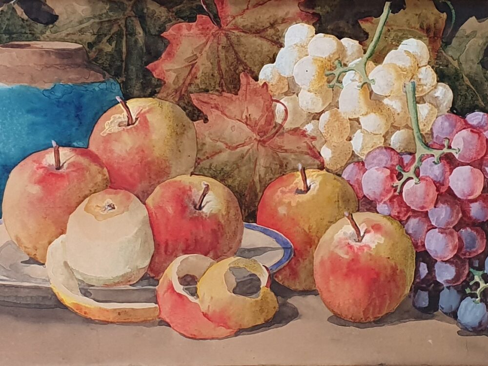 Large antique watercolour painting, Still Life of fruit, signed G Barbaro