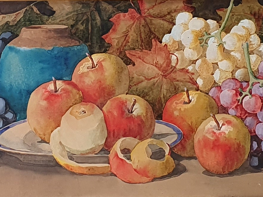 Large antique watercolour painting, Still Life of fruit, signed G Barbaro