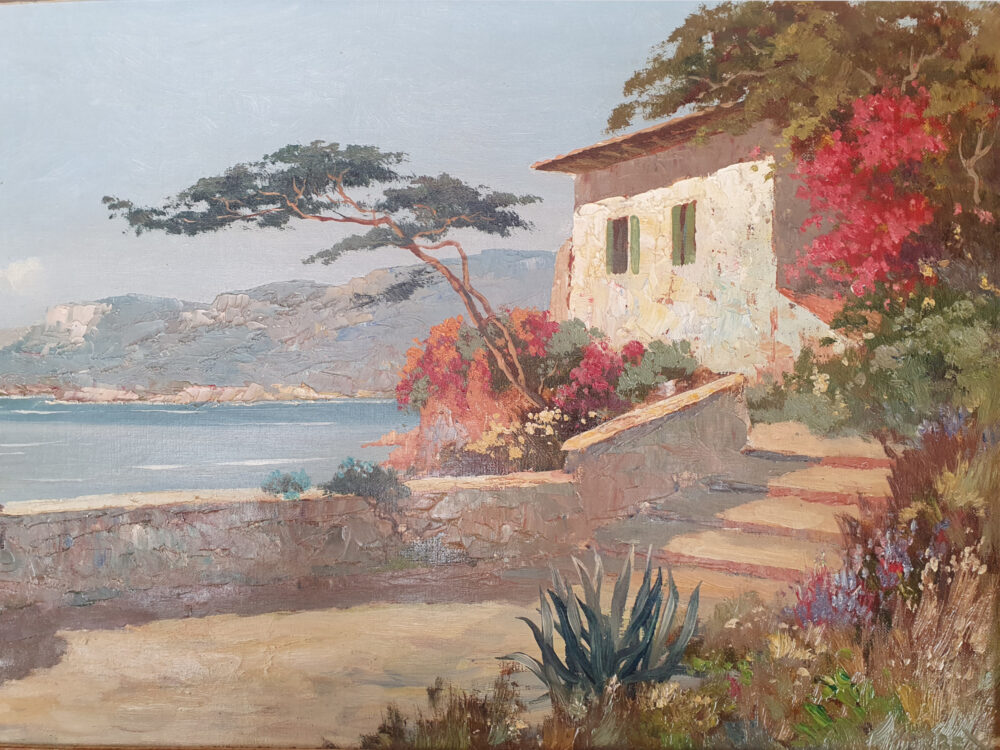 Large landscape mid century Oil Painting of a Mediterranean Scene