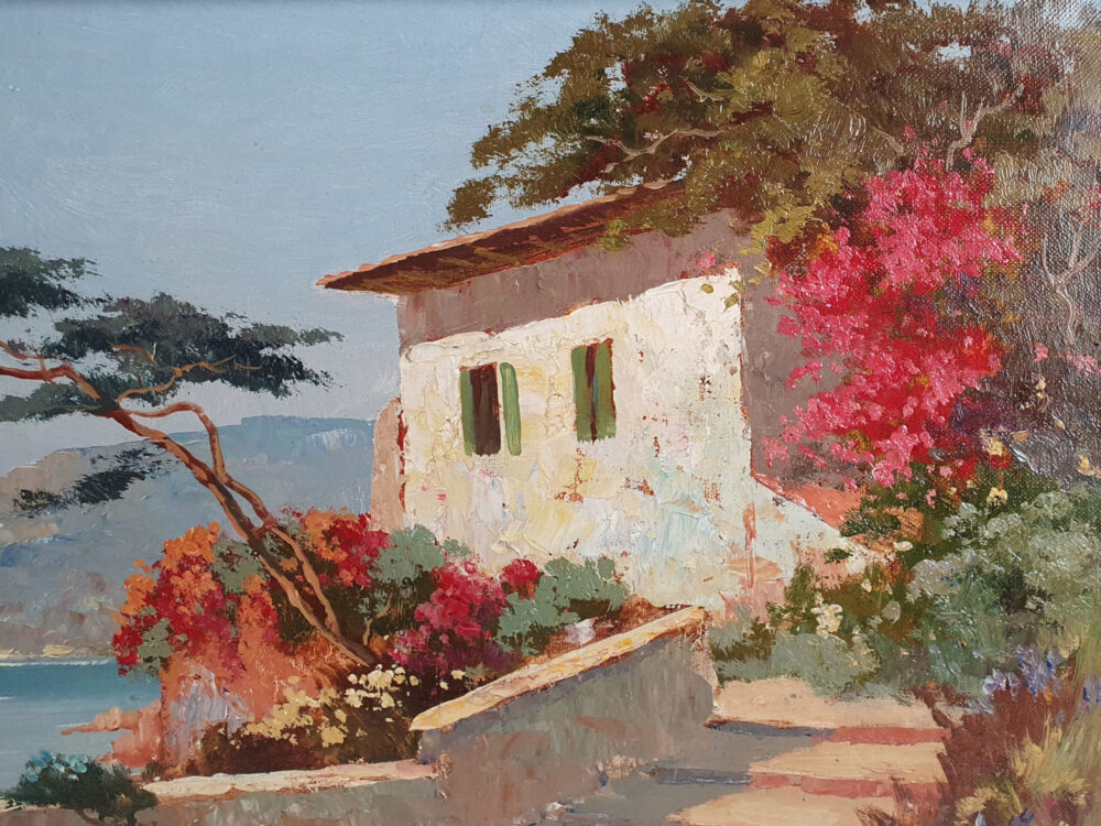 Large landscape mid century Oil Painting of a Mediterranean Scene