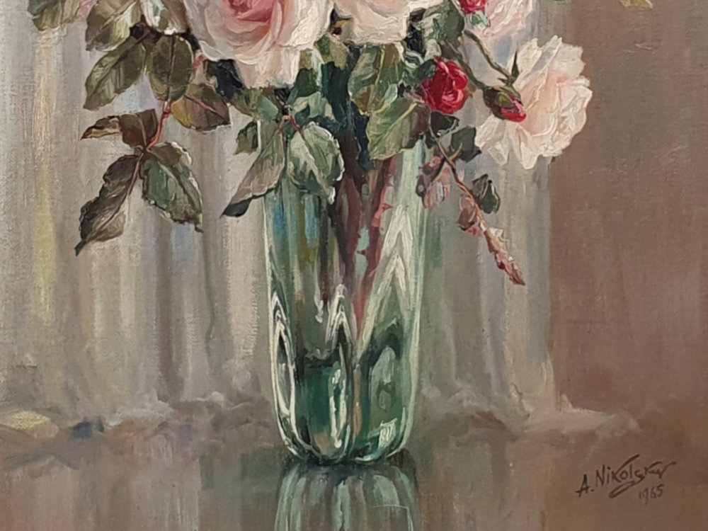 Large mid century oil Painting - floral Still Life by Afansy Nikolsky