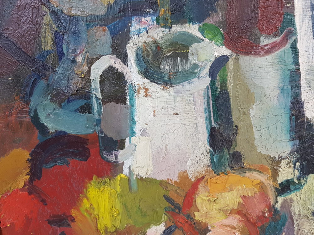 Large mid century oil painting showing an Kitchen inspired Still Life