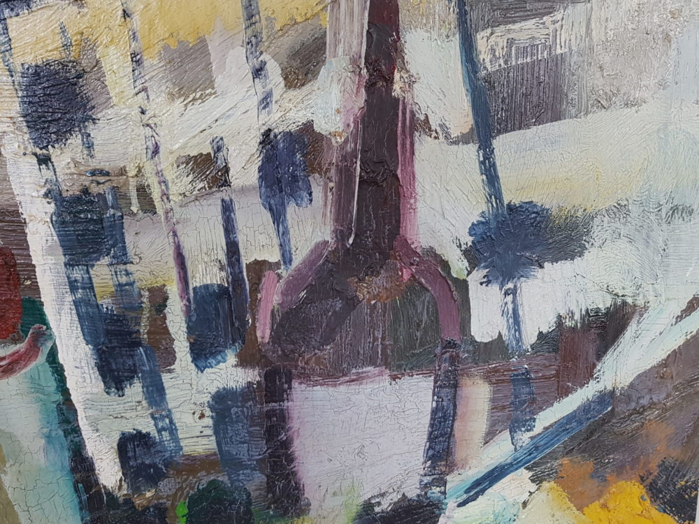 Large mid century oil painting showing an Kitchen inspired Still Life