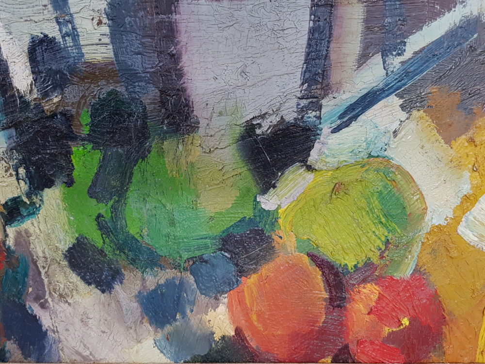 Large mid century oil painting showing an Kitchen inspired Still Life