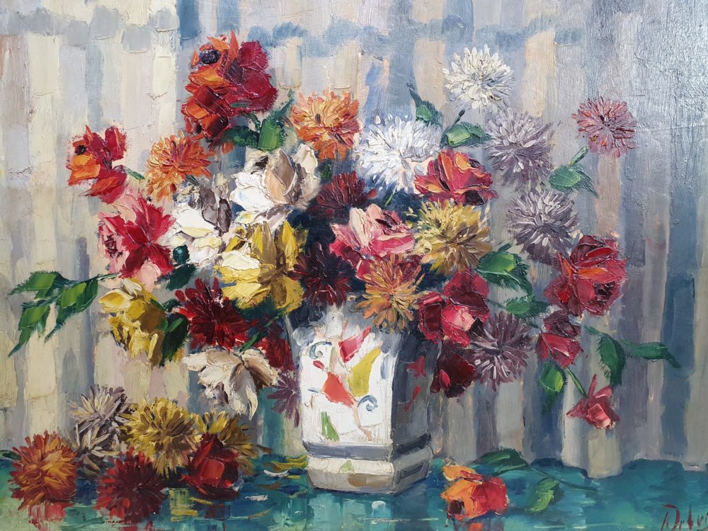 Large still life floral antique mid century Oil Painting