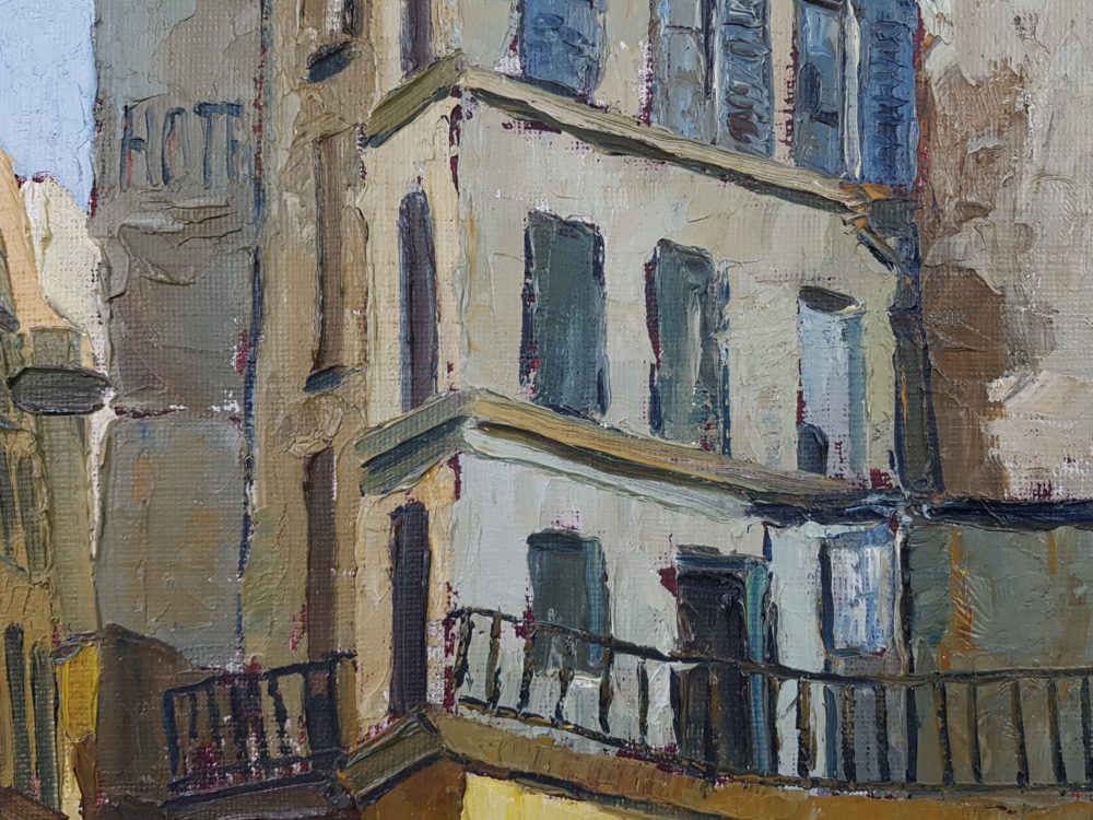 Mid century oil painting of a street in Paris