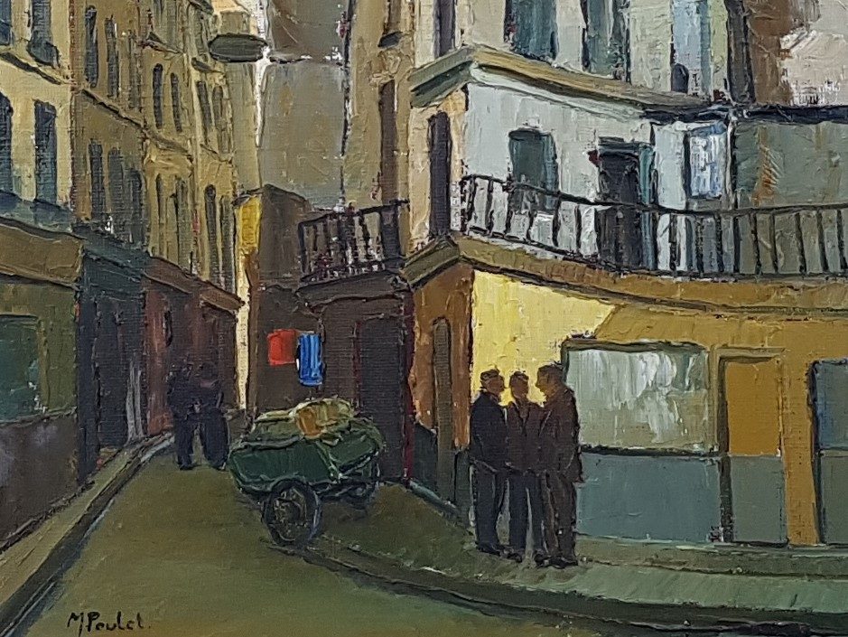 Mid century oil painting of a street in Paris
