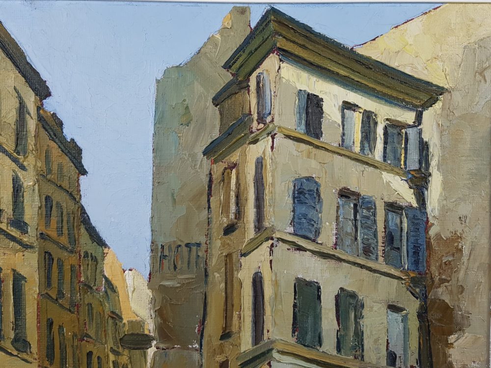 Mid century oil painting of a street in Paris