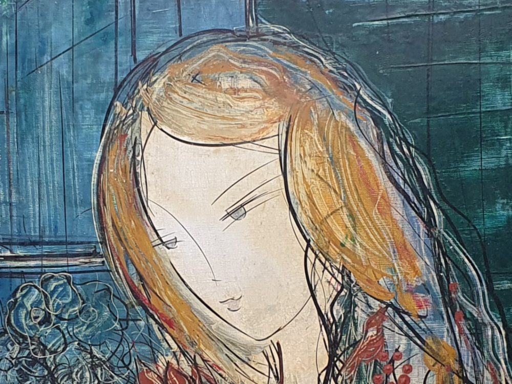 Mid century oil Painting - portrait of a woman with blonde hair by Michel-Marie Poulain