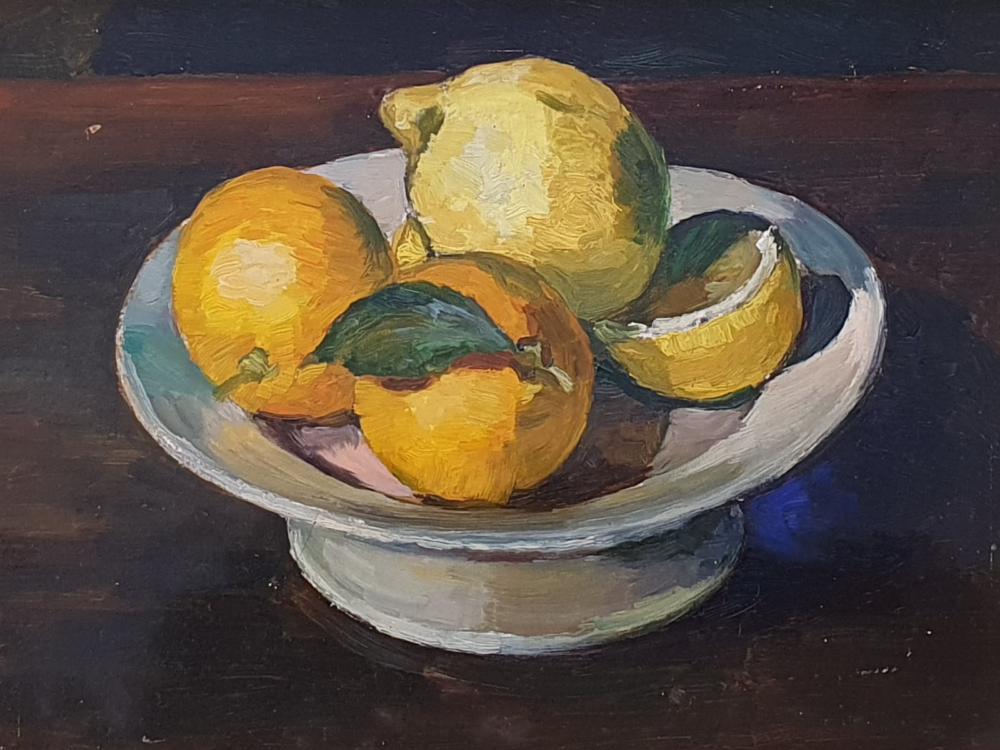 Mid century oil Painting - Still Life with Lemons by George Louis Claude