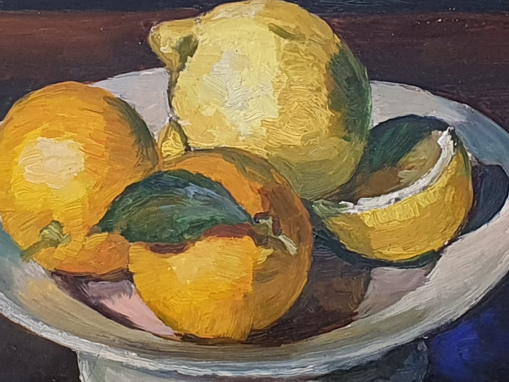 Mid century oil Painting - Still Life with Lemons by George Louis Claude
