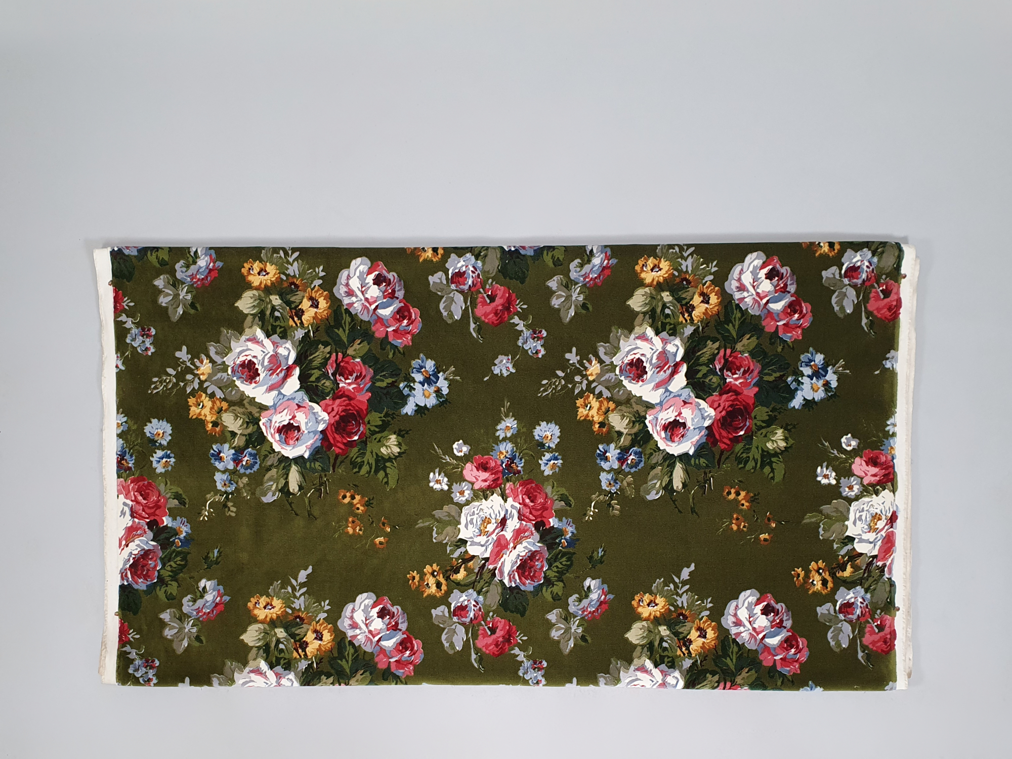 Mid Century Upholstery Velvet, Bold Floral, Green Background