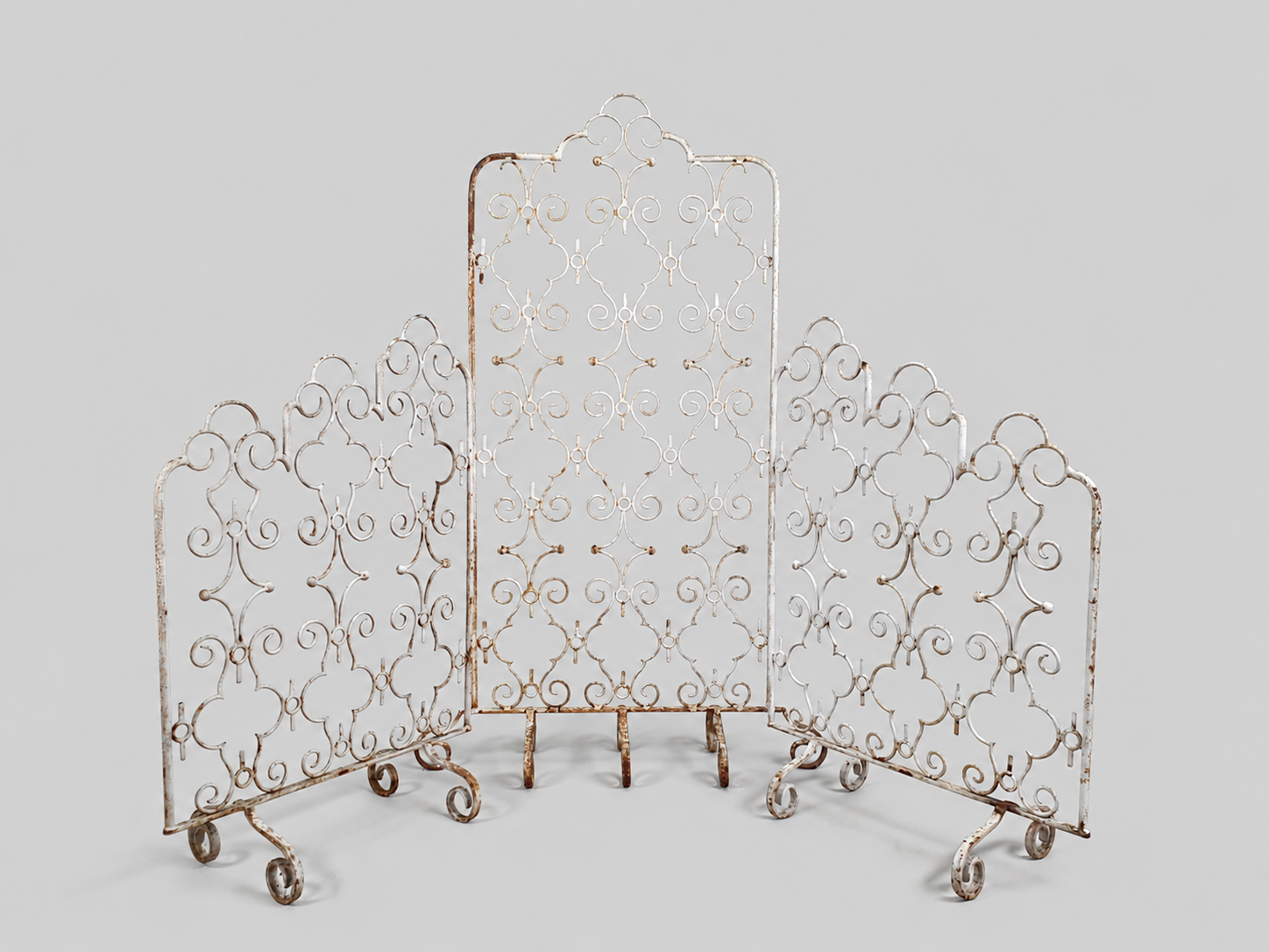 Mid-Century Wrought Iron Fire Screen in Three Sections with Ornate Faded White Patina