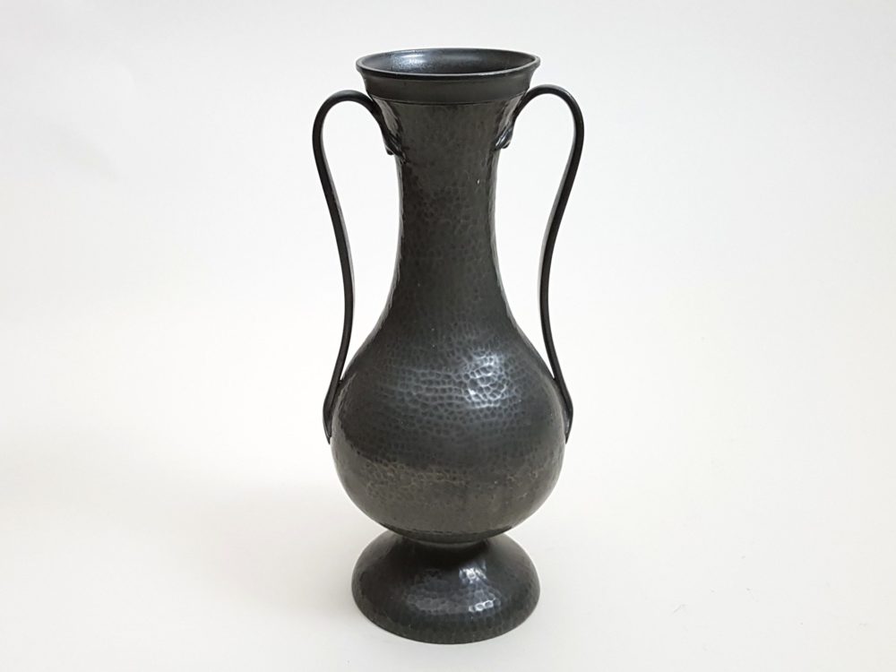 Pair of antique Art Deco beaten pewter tall decorative Vases