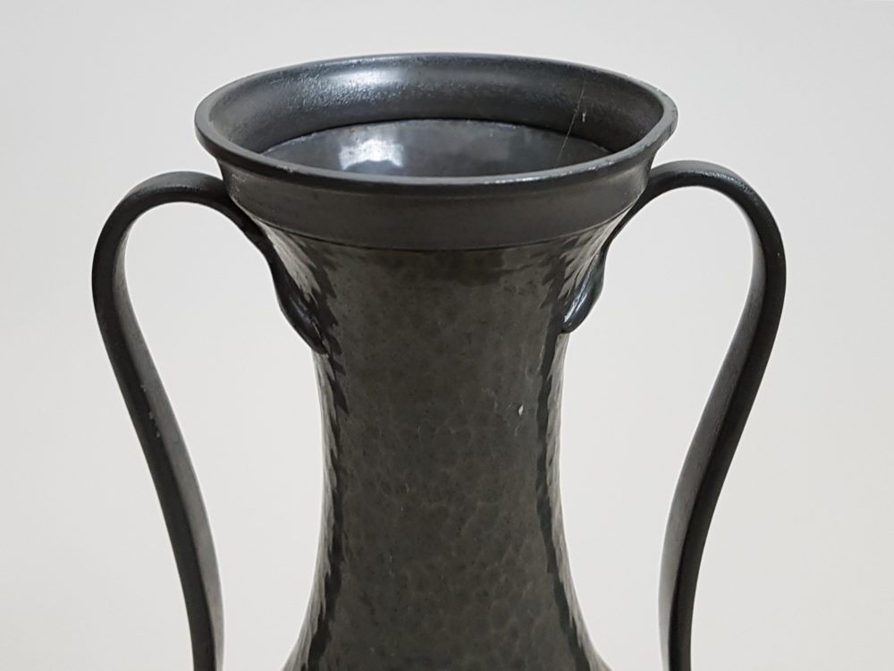 Pair of antique Art Deco beaten pewter tall decorative Vases