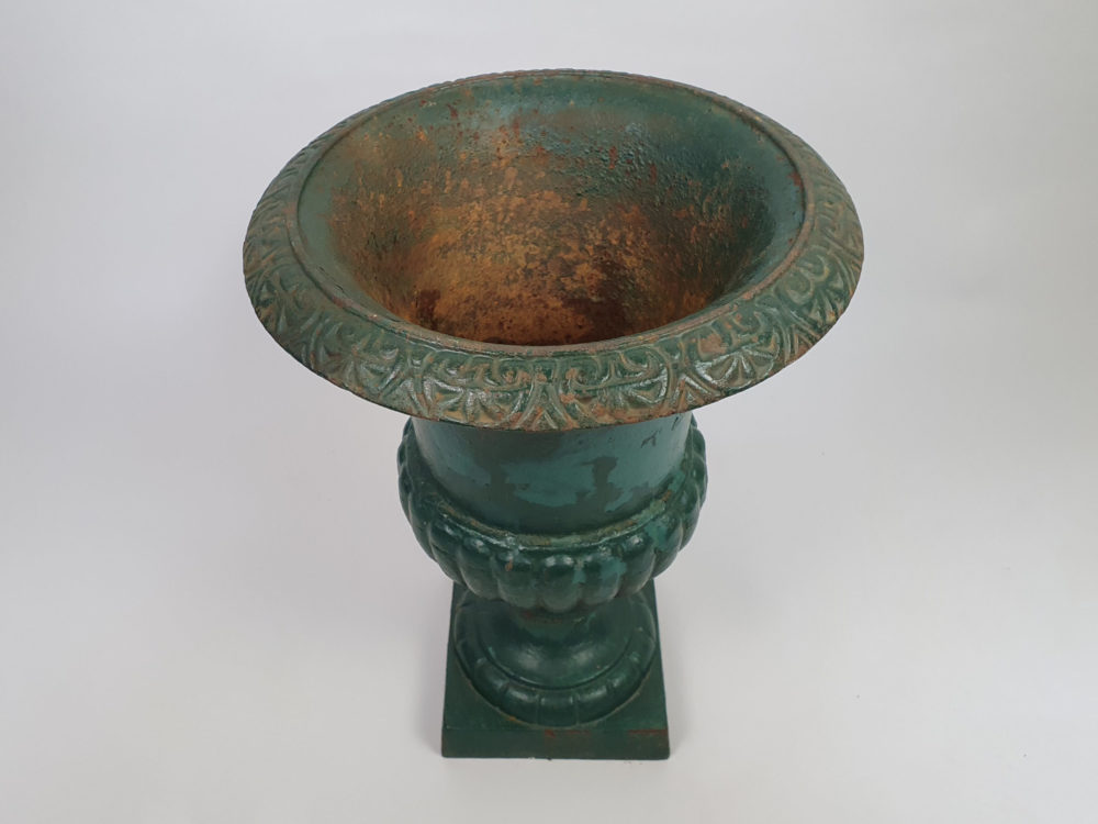 Pair of antique French cast iron Urns with original green paint