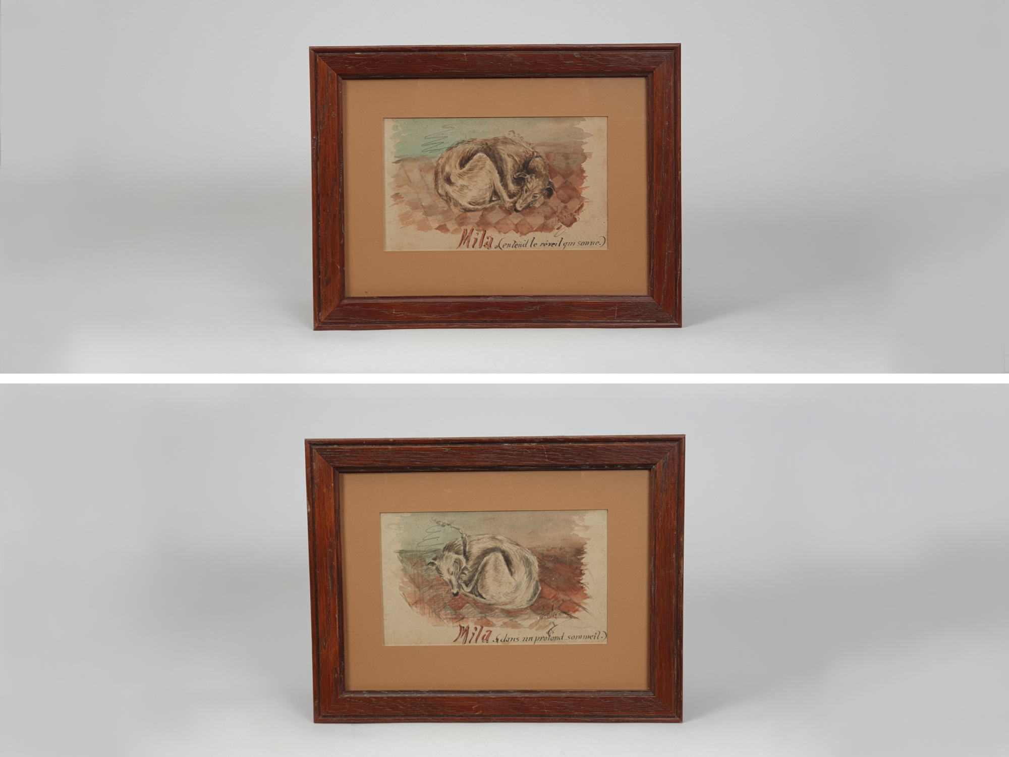 Pair of Antique French Watercolours – “Mila” Sleeping Dog Studies