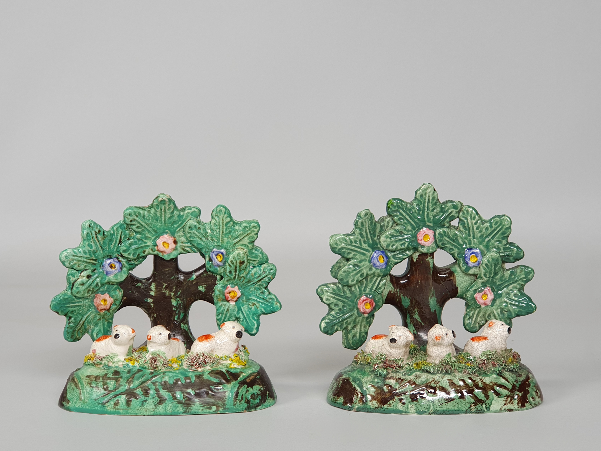 Pair of Antique Georgian bocage confetti Staffordshire Pearlware pottery Lambs