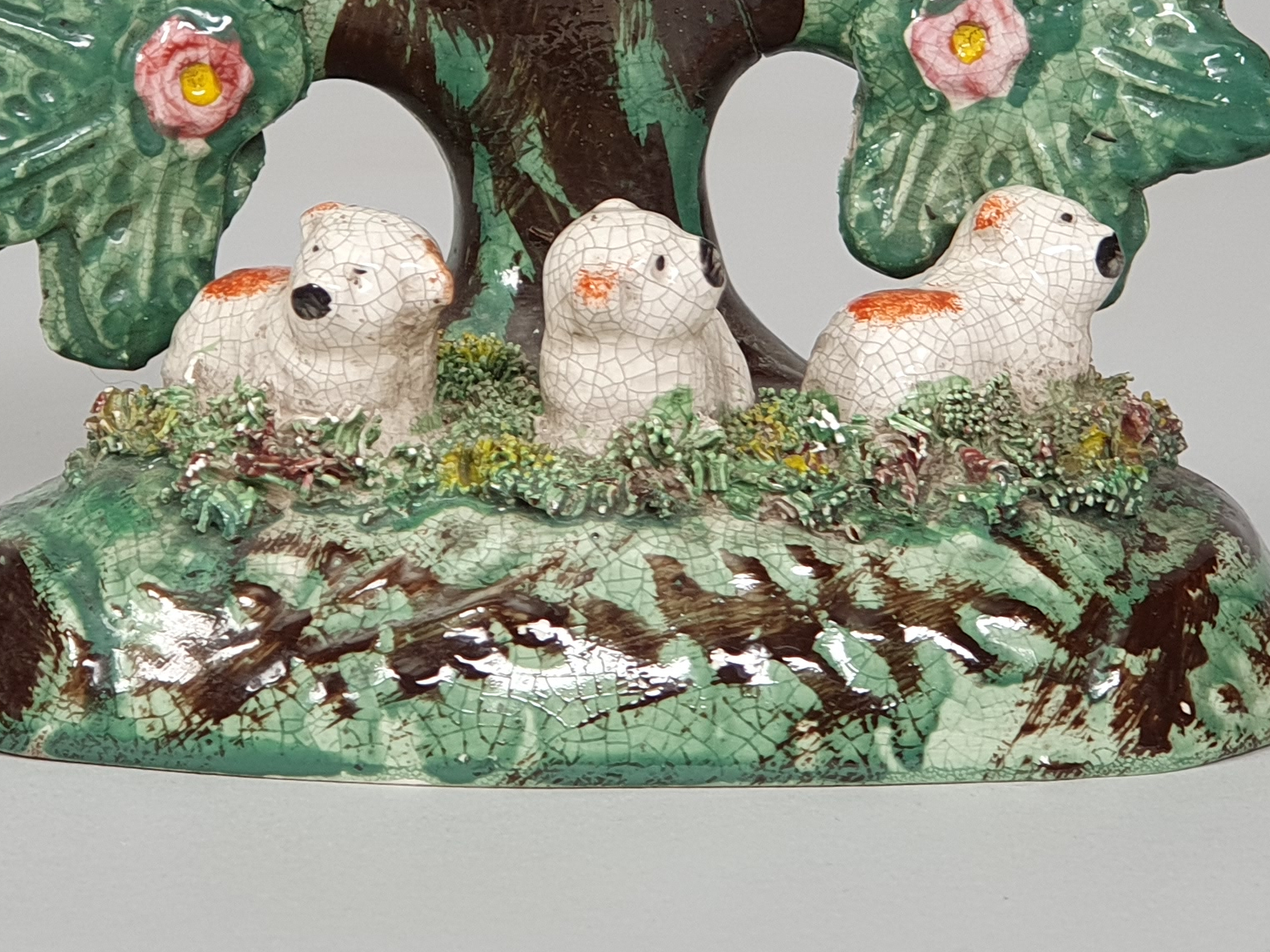 Pair of Antique Georgian bocage confetti Staffordshire Pearlware pottery Lambs