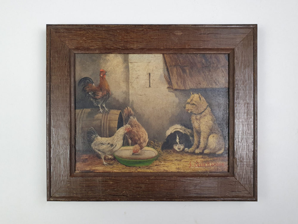 Pair of antique paintings showing Farmyard scenes with Dogs and Chickens