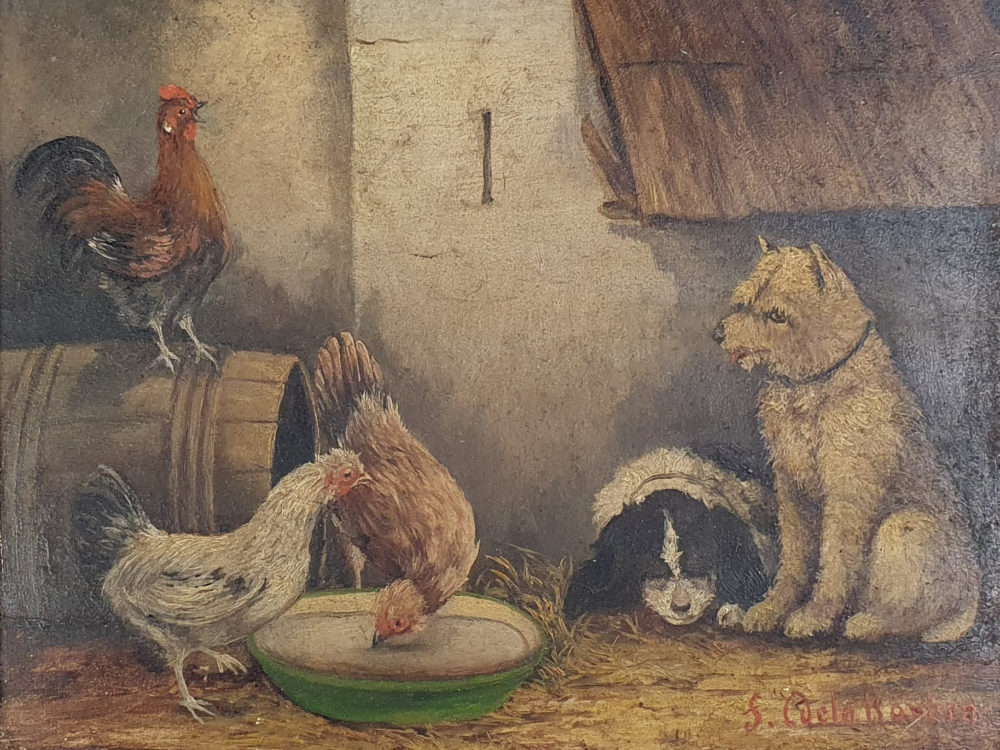 Pair of antique paintings showing Farmyard scenes with Dogs and Chickens
