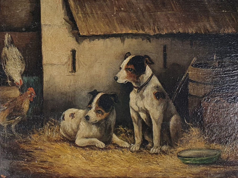 Pair of antique paintings showing Farmyard scenes with Dogs and Chickens