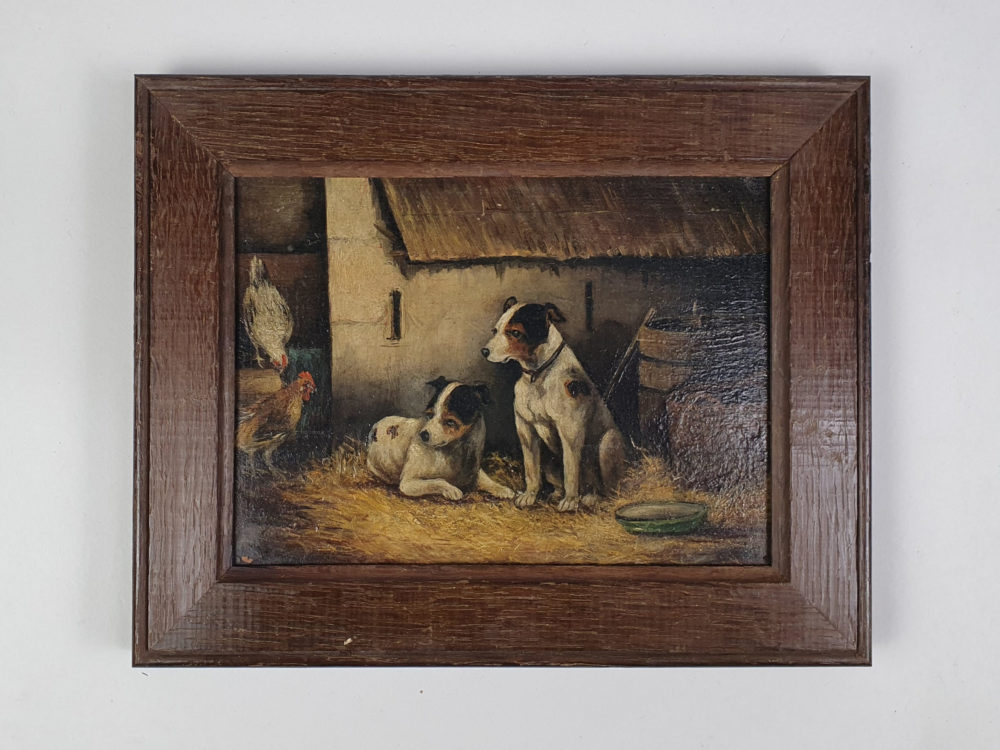 Pair of antique paintings showing Farmyard scenes with Dogs and Chickens