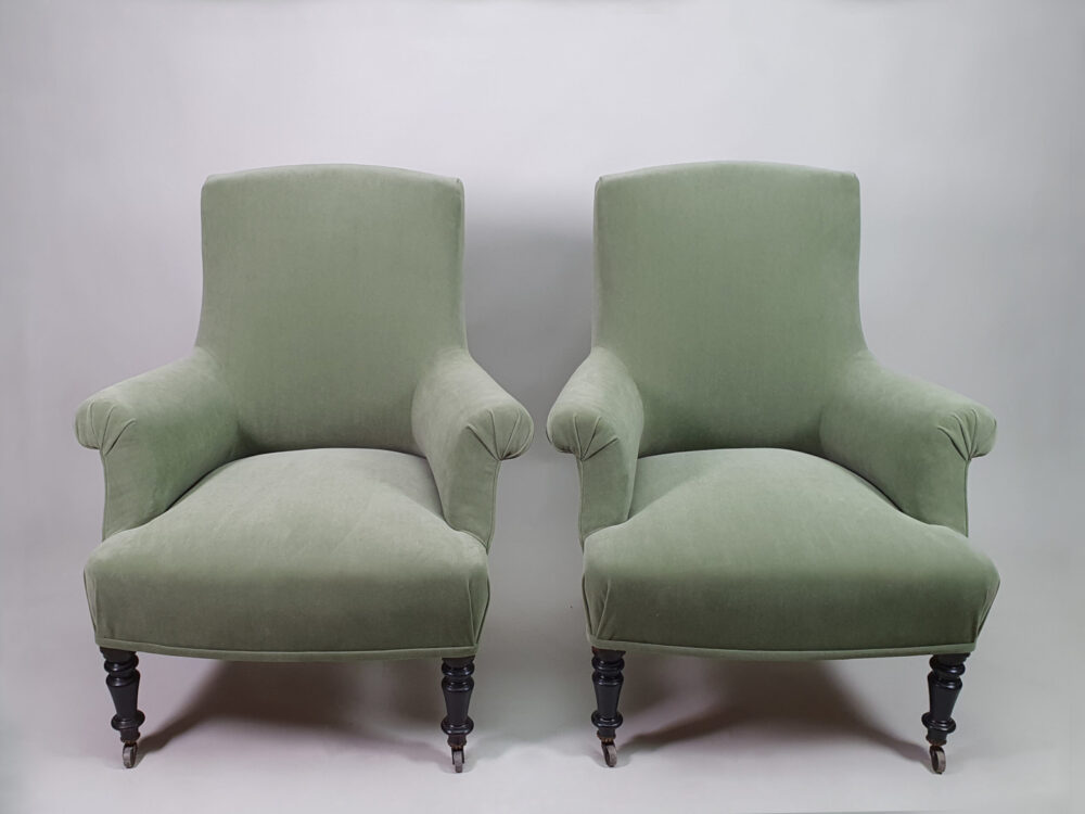 Pair of French antique Napoleon III Armchairs recovered in Linwood velvet
