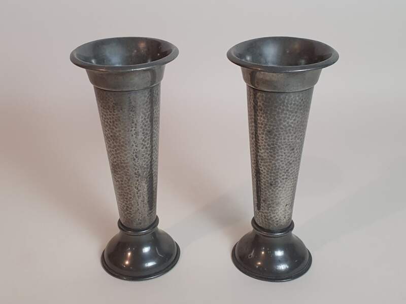 Pair of Hand Beaten Art Deco Pewter Vases