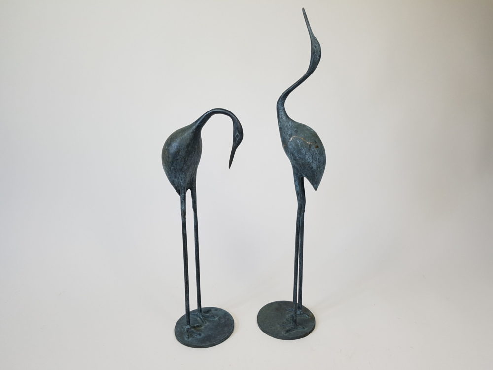pair of mid century antique bronze stork sculptures