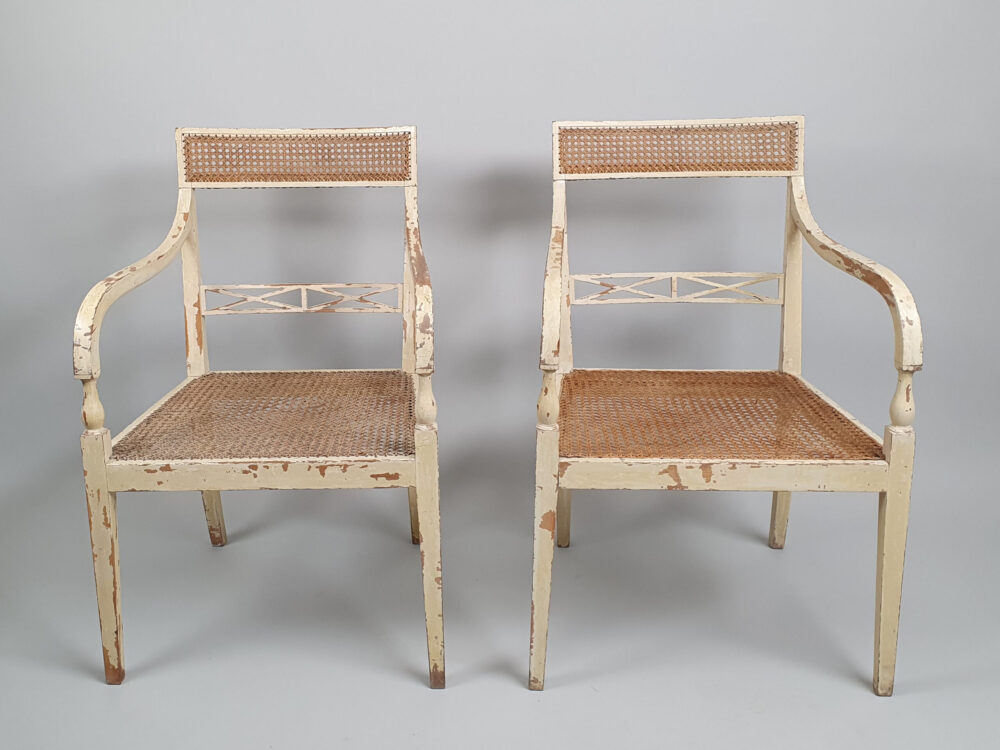 Pair of painted caned Armchairs or Bergères