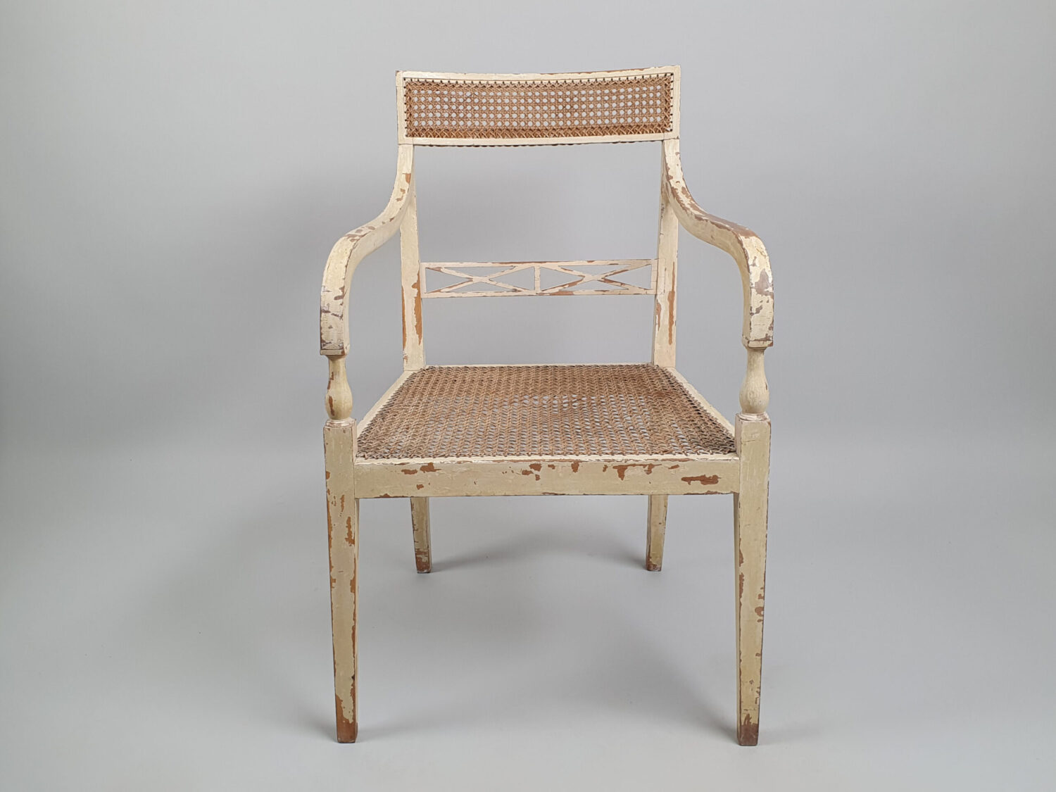 Pair of painted caned Armchairs or Bergères