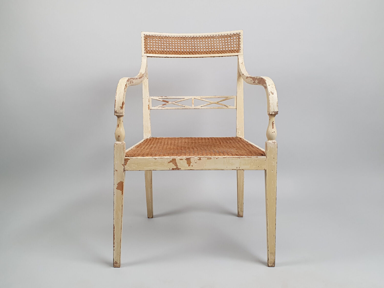 Pair of painted caned Armchairs or Bergères