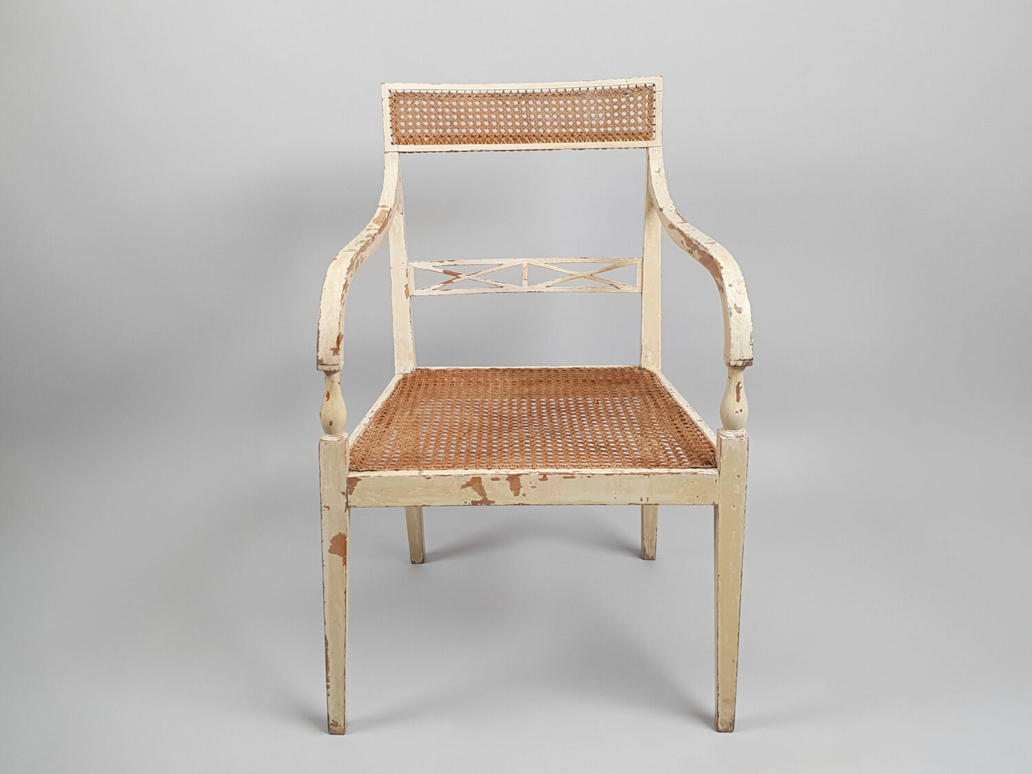 Pair of painted caned Armchairs or Bergères