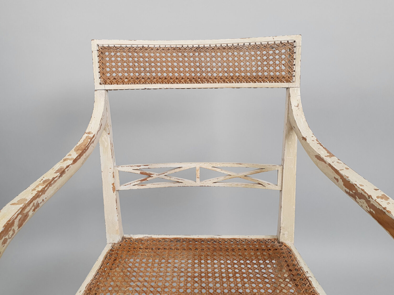 Pair of painted caned Armchairs or Bergères