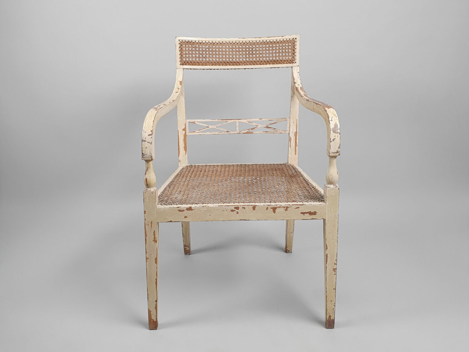 Pair of painted caned Armchairs or Bergères
