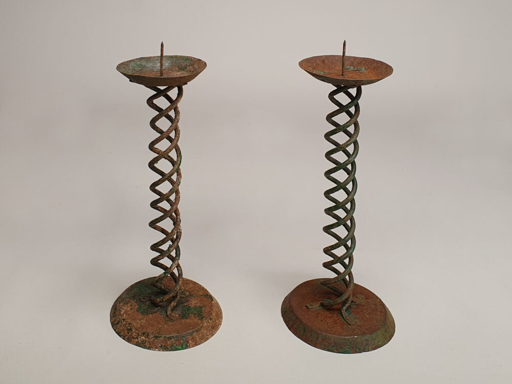 Pair of rustic antique wrought iron Spiral Candlesticks with faint traces of original green paint